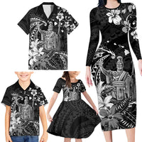 Hawaii King Kamehameha Day Family Matching Long Sleeve Bodycon Dress and Hawaiian Shirt Polynesian Pattern Mix Hibiscus Black LT05 - Polynesian Pride