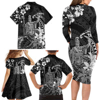 Hawaii King Kamehameha Day Family Matching Long Sleeve Bodycon Dress and Hawaiian Shirt Polynesian Pattern Mix Hibiscus Black LT05 - Polynesian Pride