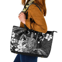 Hawaii King Kamehameha Day Leather Tote Bag Polynesian Pattern Mix Hibiscus Black