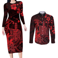 Hawaii King Kamehameha Day Couples Matching Long Sleeve Bodycon Dress and Long Sleeve Button Shirt Polynesian Pattern Mix Hibiscus Red LT05 Red - Polynesian Pride