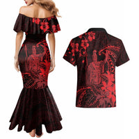 Hawaii King Kamehameha Day Couples Matching Mermaid Dress and Hawaiian Shirt Polynesian Pattern Mix Hibiscus Red LT05 - Polynesian Pride