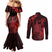 Hawaii King Kamehameha Day Couples Matching Mermaid Dress and Long Sleeve Button Shirt Polynesian Pattern Mix Hibiscus Red