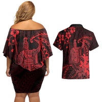 Hawaii King Kamehameha Day Couples Matching Off Shoulder Short Dress and Hawaiian Shirt Polynesian Pattern Mix Hibiscus Red LT05 - Polynesian Pride