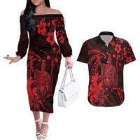 Hawaii King Kamehameha Day Couples Matching Off The Shoulder Long Sleeve Dress and Hawaiian Shirt Polynesian Pattern Mix Hibiscus Red LT05 Red - Polynesian Pride