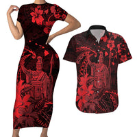 Hawaii King Kamehameha Day Couples Matching Short Sleeve Bodycon Dress and Hawaiian Shirt Polynesian Pattern Mix Hibiscus Red LT05 Red - Polynesian Pride
