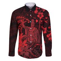 Hawaii King Kamehameha Day Family Matching Off Shoulder Maxi Dress and Hawaiian Shirt Polynesian Pattern Mix Hibiscus Red LT05 Dad's Shirt - Long Sleeve Red - Polynesian Pride
