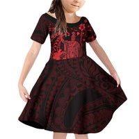 Hawaii King Kamehameha Day Family Matching Off Shoulder Short Dress and Hawaiian Shirt Polynesian Pattern Mix Hibiscus Red LT05 Daughter's Dress Red - Polynesian Pride