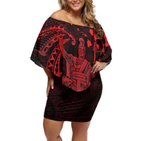 Hawaii King Kamehameha Day Family Matching Off Shoulder Short Dress and Hawaiian Shirt Polynesian Pattern Mix Hibiscus Red LT05 Mom's Dress Red - Polynesian Pride