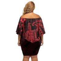 Hawaii King Kamehameha Day Family Matching Off Shoulder Short Dress and Hawaiian Shirt Polynesian Pattern Mix Hibiscus Red LT05 - Polynesian Pride