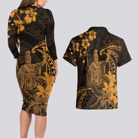 Hawaii King Kamehameha Day Couples Matching Long Sleeve Bodycon Dress and Hawaiian Shirt Polynesian Pattern Mix Hibiscus Gold LT05 - Polynesian Pride
