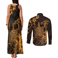 Hawaii King Kamehameha Day Couples Matching Tank Maxi Dress and Long Sleeve Button Shirt Polynesian Pattern Mix Hibiscus Gold LT05 - Polynesian Pride