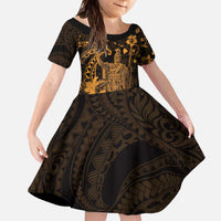Hawaii King Kamehameha Day Family Matching Off The Shoulder Long Sleeve Dress and Hawaiian Shirt Polynesian Pattern Mix Hibiscus Gold LT05 Daughter's Dress Gold - Polynesian Pride