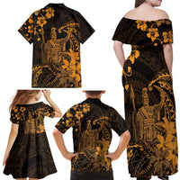 Hawaii King Kamehameha Day Family Matching Off Shoulder Maxi Dress and Hawaiian Shirt Polynesian Pattern Mix Hibiscus Gold LT05 - Polynesian Pride
