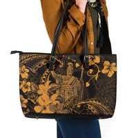 Hawaii King Kamehameha Day Leather Tote Bag Polynesian Pattern Mix Hibiscus Gold