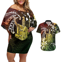 Hawaii King Kamehameha Day Couples Matching Off Shoulder Short Dress and Hawaiian Shirt Polynesian Pattern Mix Hibiscus Reggae LT05 Reggae - Polynesian Pride