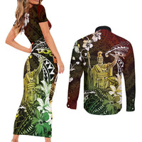 Hawaii King Kamehameha Day Couples Matching Short Sleeve Bodycon Dress and Long Sleeve Button Shirt Polynesian Pattern Mix Hibiscus Reggae LT05 - Polynesian Pride