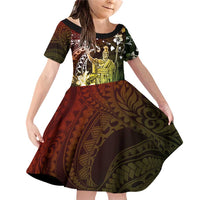 Hawaii King Kamehameha Day Family Matching Off Shoulder Short Dress and Hawaiian Shirt Polynesian Pattern Mix Hibiscus Reggae LT05 Daughter's Dress Reggae - Polynesian Pride