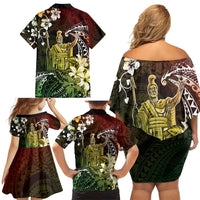 Hawaii King Kamehameha Day Family Matching Off Shoulder Short Dress and Hawaiian Shirt Polynesian Pattern Mix Hibiscus Reggae LT05 - Polynesian Pride