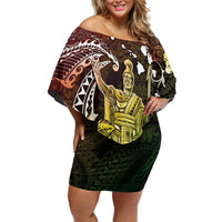 Hawaii King Kamehameha Day Family Matching Off Shoulder Short Dress and Hawaiian Shirt Polynesian Pattern Mix Hibiscus Reggae LT05 Mom's Dress Reggae - Polynesian Pride