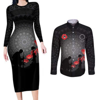 Cook Islands ANZAC Day Couples Matching Long Sleeve Bodycon Dress and Long Sleeve Button Shirt Soldier Silhouette Remembrance LT05 Black - Polynesian Pride
