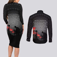 Cook Islands ANZAC Day Couples Matching Long Sleeve Bodycon Dress and Long Sleeve Button Shirt Soldier Silhouette Remembrance LT05 - Polynesian Pride