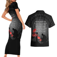 Cook Islands ANZAC Day Couples Matching Short Sleeve Bodycon Dress and Hawaiian Shirt Soldier Silhouette Remembrance LT05 - Polynesian Pride