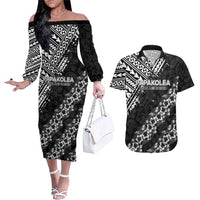 Hawaii Papakolea Born And Raised Couples Matching Off The Shoulder Long Sleeve Dress and Hawaiian Shirt Hawaiian Tribal Pattern LT05 Black - Polynesian Pride