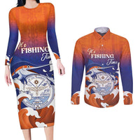 Marshall Islands Fishermen's Day Couples Matching Long Sleeve Bodycon Dress and Long Sleeve Button Shirt It's Fishing Time LT05 Orange - Polynesian Pride