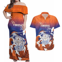 Marshall Islands Fishermen's Day Couples Matching Off Shoulder Maxi Dress and Hawaiian Shirt It's Fishing Time LT05 Orange - Polynesian Pride