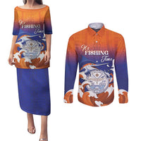 Marshall Islands Fishermen's Day Couples Matching Puletasi and Long Sleeve Button Shirt It's Fishing Time LT05 Orange - Polynesian Pride