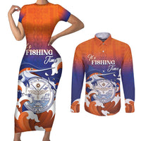 Marshall Islands Fishermen's Day Couples Matching Short Sleeve Bodycon Dress and Long Sleeve Button Shirt It's Fishing Time LT05 Orange - Polynesian Pride
