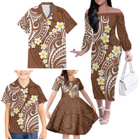 Plumeria With Brown Polynesian Tattoo Pattern Family Matching Off The Shoulder Long Sleeve Dress and Hawaiian Shirt LT05 - Polynesian Pride