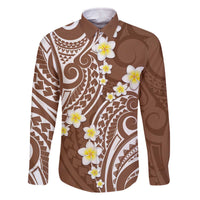 Plumeria With Brown Polynesian Tattoo Pattern Family Matching Off Shoulder Short Dress and Hawaiian Shirt LT05 Dad's Shirt - Long Sleeve Brown - Polynesian Pride