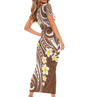 Plumeria With Brown Polynesian Tattoo Pattern Family Matching Short Sleeve Bodycon Dress and Hawaiian Shirt LT05 - Polynesian Pride