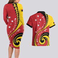 Papua New Guinea 50th Independence Anniversary Couples Matching Long Sleeve Bodycon Dress and Hawaiian Shirt Special Style Red Version LT05 - Polynesian Pride