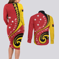 Papua New Guinea 50th Independence Anniversary Couples Matching Long Sleeve Bodycon Dress and Long Sleeve Button Shirt Special Style Red Version LT05 - Polynesian Pride