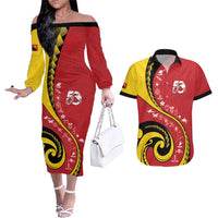 Papua New Guinea 50th Independence Anniversary Couples Matching Off The Shoulder Long Sleeve Dress and Hawaiian Shirt Special Style Red Version LT05 Red - Polynesian Pride