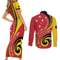 Papua New Guinea 50th Independence Anniversary Couples Matching Short Sleeve Bodycon Dress and Long Sleeve Button Shirt Special Style Red Version LT05 - Polynesian Pride