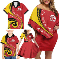 Papua New Guinea 50th Independence Anniversary Family Matching Off Shoulder Short Dress and Hawaiian Shirt Special Style Red Version LT05 - Polynesian Pride