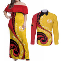 Papua New Guinea 50th Independence Anniversary Couples Matching Off Shoulder Maxi Dress and Long Sleeve Button Shirt Special Style Yellow Version LT05 Yellow - Polynesian Pride