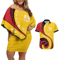Papua New Guinea 50th Independence Anniversary Couples Matching Off Shoulder Short Dress and Hawaiian Shirt Special Style Yellow Version LT05 Yellow - Polynesian Pride