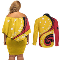 Papua New Guinea 50th Independence Anniversary Couples Matching Off Shoulder Short Dress and Long Sleeve Button Shirt Special Style Yellow Version LT05 - Polynesian Pride
