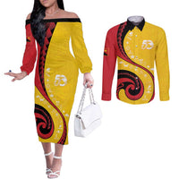 Papua New Guinea 50th Independence Anniversary Couples Matching Off The Shoulder Long Sleeve Dress and Long Sleeve Button Shirt Special Style Yellow Version LT05 Yellow - Polynesian Pride