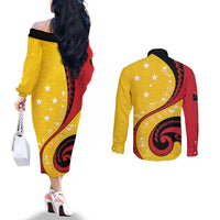 Papua New Guinea 50th Independence Anniversary Couples Matching Off The Shoulder Long Sleeve Dress and Long Sleeve Button Shirt Special Style Yellow Version LT05 - Polynesian Pride
