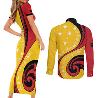 Papua New Guinea 50th Independence Anniversary Couples Matching Short Sleeve Bodycon Dress and Long Sleeve Button Shirt Special Style Yellow Version LT05 - Polynesian Pride