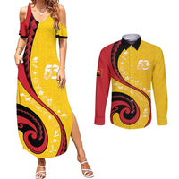 Papua New Guinea 50th Independence Anniversary Couples Matching Summer Maxi Dress and Long Sleeve Button Shirt Special Style Yellow Version LT05 Yellow - Polynesian Pride