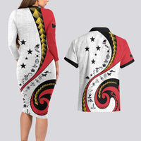 Papua New Guinea 50th Independence Anniversary Couples Matching Long Sleeve Bodycon Dress and Hawaiian Shirt Special Style White Version LT05 - Polynesian Pride
