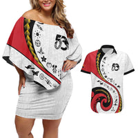 Papua New Guinea 50th Independence Anniversary Couples Matching Off Shoulder Short Dress and Hawaiian Shirt Special Style White Version LT05 White - Polynesian Pride