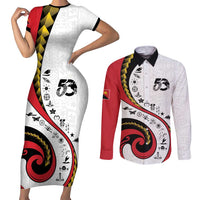 Papua New Guinea 50th Independence Anniversary Couples Matching Short Sleeve Bodycon Dress and Long Sleeve Button Shirt Special Style White Version LT05 White - Polynesian Pride