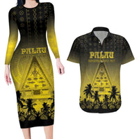 Personalised Palau Independence Day Couples Matching Long Sleeve Bodycon Dress and Hawaiian Shirt Palauan Tattoo Pattern LT05 Black - Polynesian Pride